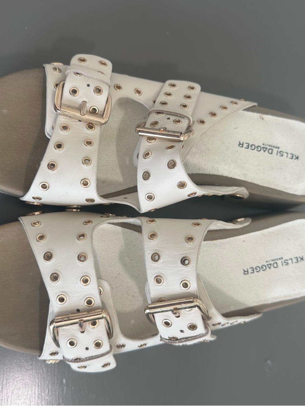 Kelsi Dagger Cream Double-Buckle Grommet Slide Sandals